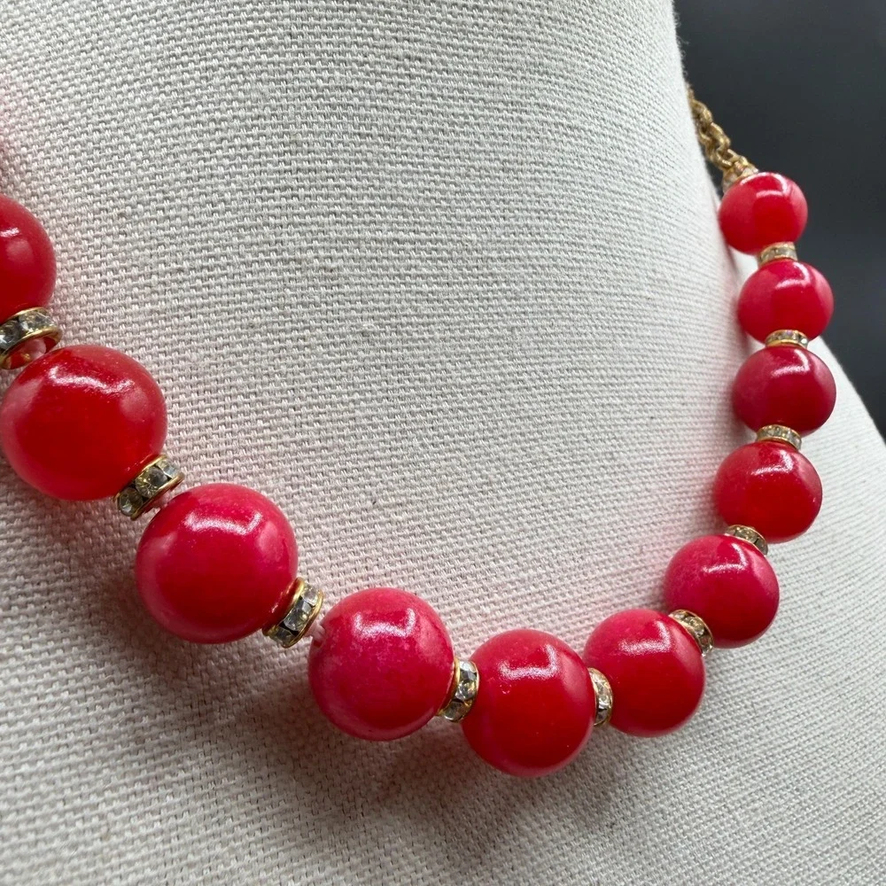 Red Bead Statement Necklace Gold Tone Chain Rhinestone Spacers Chunky Jewelry